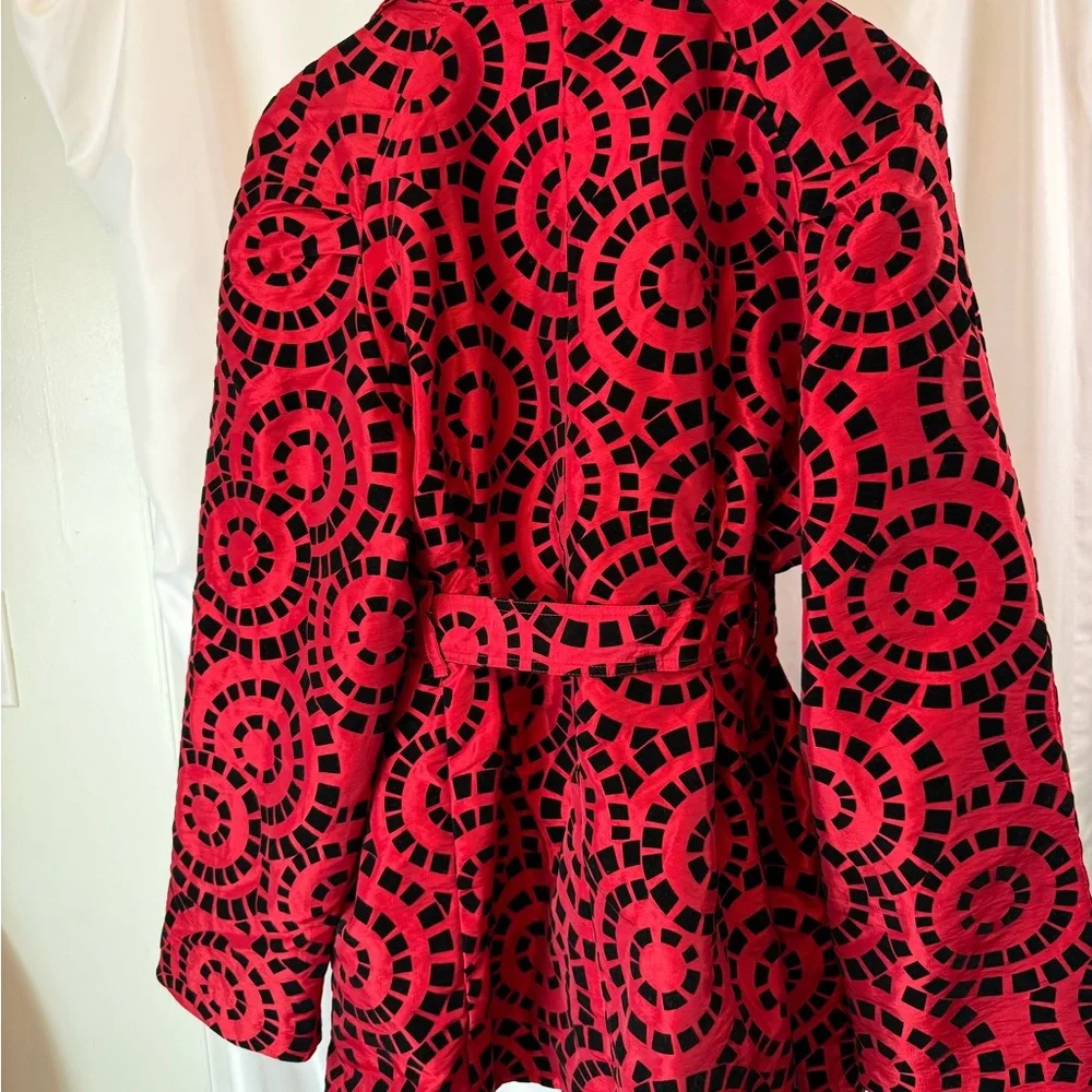UBU Red Black Velvet Flocked Belted Statement Jacket Large - Picture 2 of 12